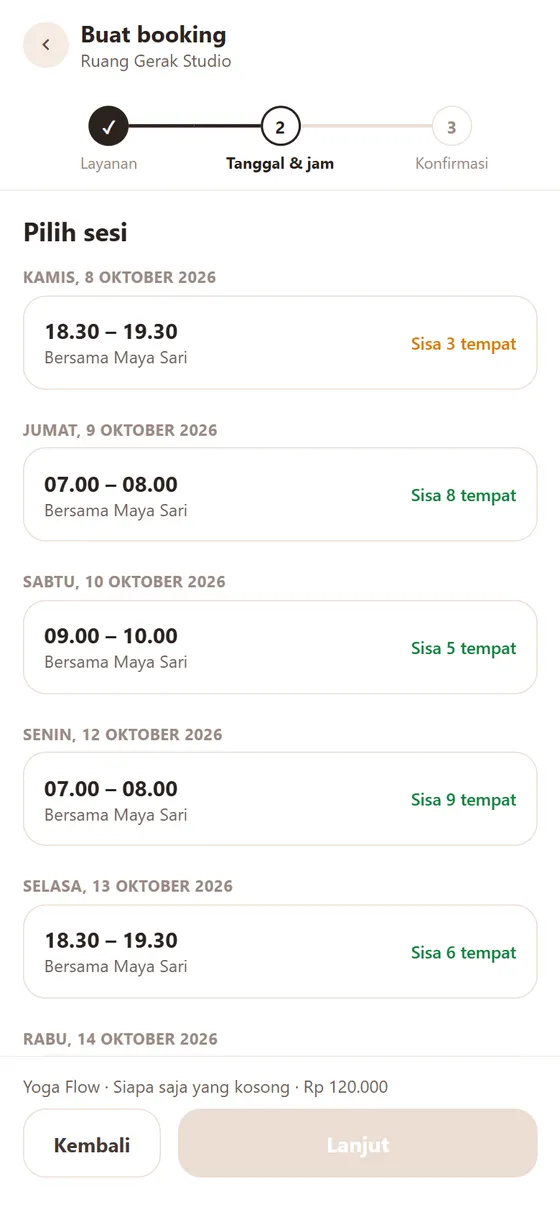Jadwal dan sisa tempat — Ruang Gerak Studio (contoh jadwal sesi)
