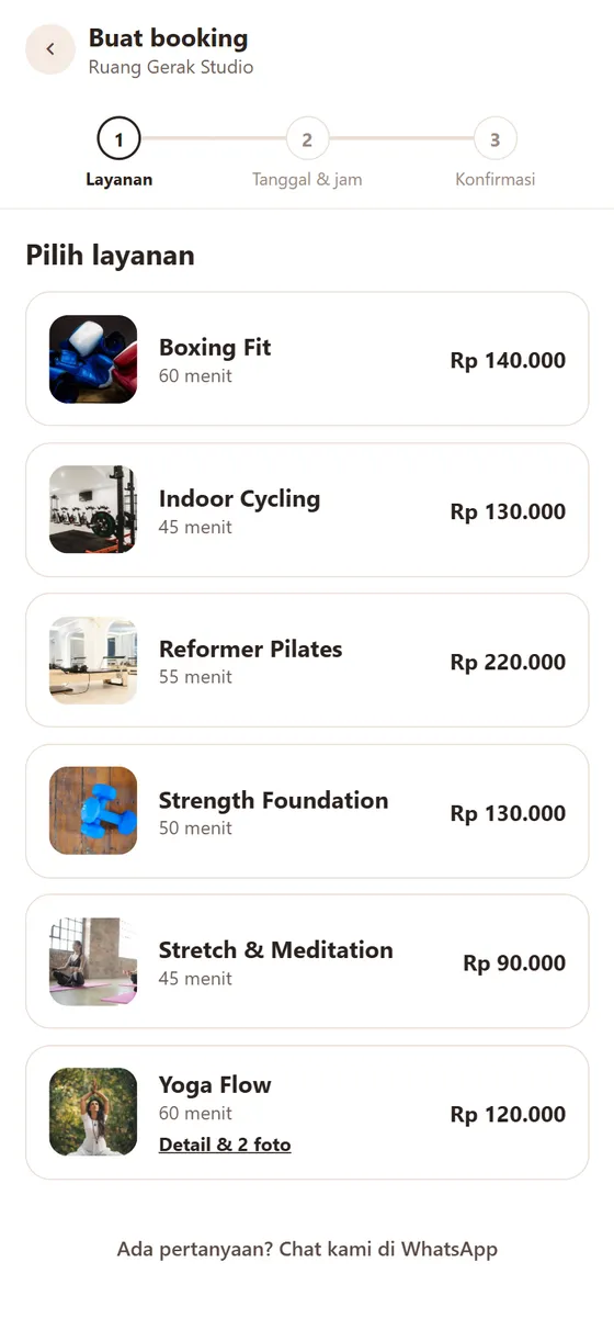 Pilih sesi — Ruang Gerak Studio (contoh jadwal sesi)