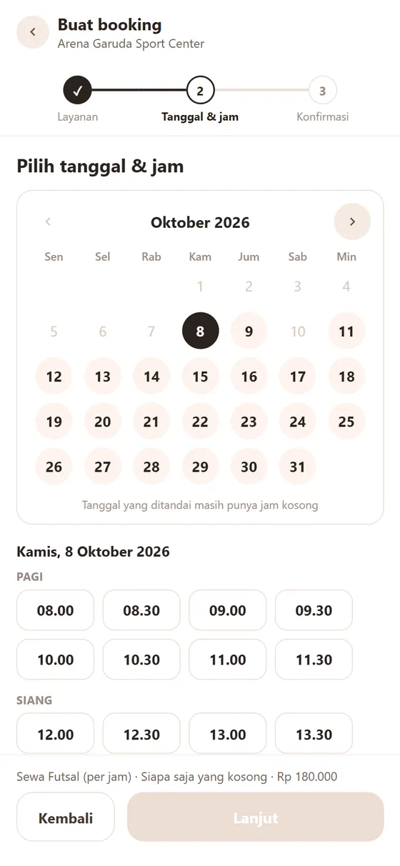Pilih tanggal dan jam — Arena Garuda Sport Center
