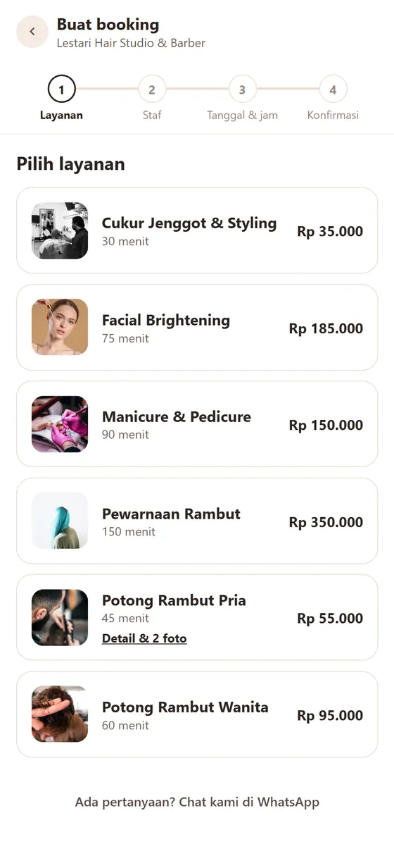 Pilihan layanan di halaman booking