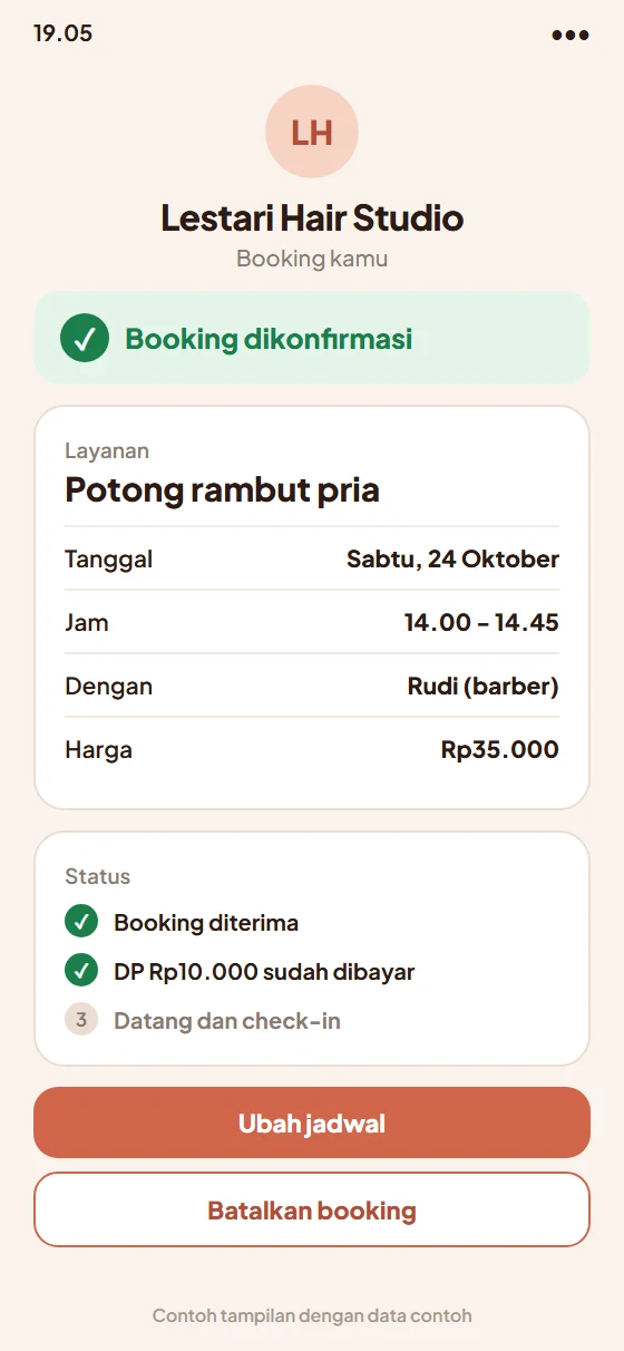 Contoh status booking untuk pelanggan di HP